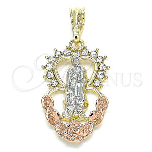 Dije Religioso 05.380.0060 Oro Laminado, Diseño de Guadalupe y Corazón, con Blanca Cristal, Pulido, Tres Tonos