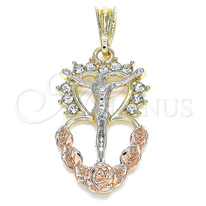 Dije Religioso 05.380.0061 Oro Laminado, Diseño de Jesus y Corazón, con Blanca Cristal, Pulido, Tres Tonos