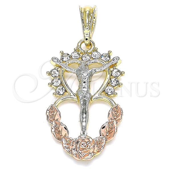 Dije Religioso 05.380.0061 Oro Laminado, Diseño de Jesus y Corazón, con Blanca Cristal, Pulido, Tres Tonos