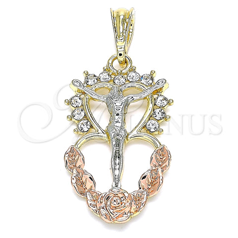 Dije Religioso 05.380.0061 Oro Laminado, Diseño de Jesus y Corazón, con Blanca Cristal, Pulido, Tres Tonos