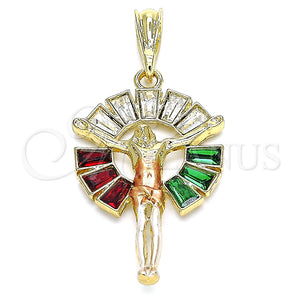 Dije Religioso 05.380.0062 Oro Laminado, Diseño de Jesus y Baguette, con Multicolor Cristal, Pulido, Tres Tonos