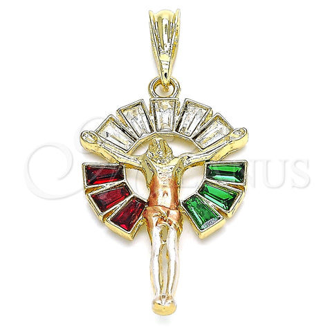 Dije Religioso 05.380.0062 Oro Laminado, Diseño de Jesus y Baguette, con Multicolor Cristal, Pulido, Tres Tonos