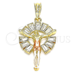 Dije Religioso 05.380.0062.1 Oro Laminado, Diseño de Jesus y Baguette, con Blanca Cristal, Pulido, Tres Tonos