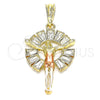 Dije Religioso 05.380.0062.1 Oro Laminado, Diseño de Jesus y Baguette, con Blanca Cristal, Pulido, Tres Tonos
