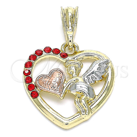 Dije Religioso 05.380.0066 Oro Laminado, Diseño de Angel y Corazón, con Granate Cristal, Pulido, Tres Tonos