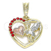 Dije Religioso 05.380.0066 Oro Laminado, Diseño de Angel y Corazón, con Granate Cristal, Pulido, Tres Tonos