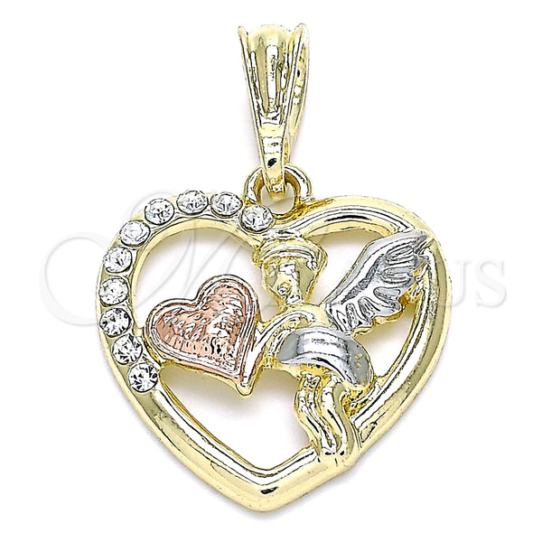 Dije Religioso 05.380.0066.1 Oro Laminado, Diseño de Angel y Corazón, con Blanca Cristal, Pulido, Tres Tonos