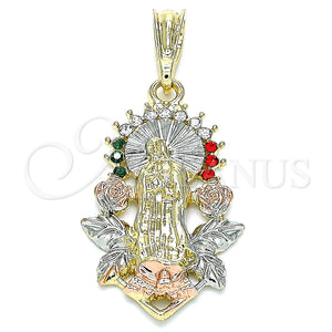 Dije Religioso 05.380.0082.1 Oro Laminado, Diseño de Guadalupe y Flor, con Multicolor Cristal, Pulido, Tres Tonos