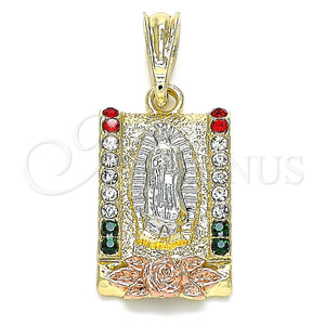 Dije Religioso 05.380.0083.1 Oro Laminado, Diseño de Guadalupe y Flor, con Multicolor Cristal, Pulido, Tres Tonos