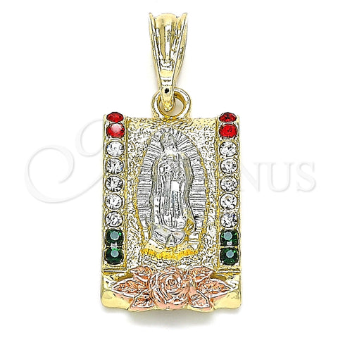 Dije Religioso 05.380.0083.1 Oro Laminado, Diseño de Guadalupe y Flor, con Multicolor Cristal, Pulido, Tres Tonos