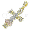 Dije Religioso 05.380.0087 Oro Laminado, Diseño de Guadalupe y Cruz, con Blanca Cristal, Pulido, Tres Tonos