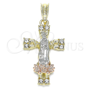 Dije Religioso 05.380.0087 Oro Laminado, Diseño de Guadalupe y Cruz, con Blanca Cristal, Pulido, Tres Tonos