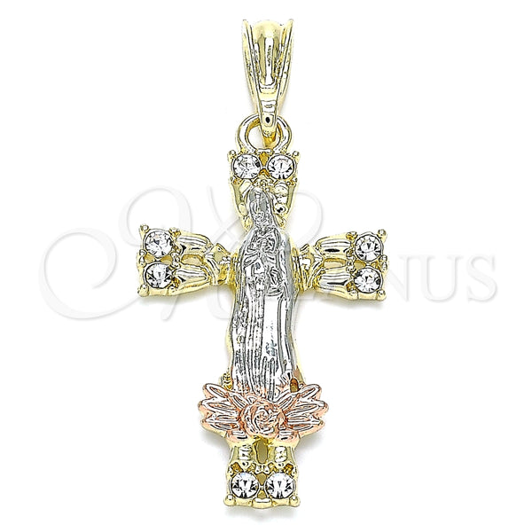 Dije Religioso 05.380.0087 Oro Laminado, Diseño de Guadalupe y Cruz, con Blanca Cristal, Pulido, Tres Tonos