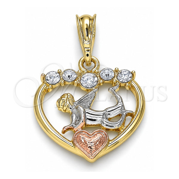 Dije Religioso 05.380.0091 Oro Laminado, Diseño de Angel y Corazón, con Cristal Blanca, Pulido, Tres Tonos