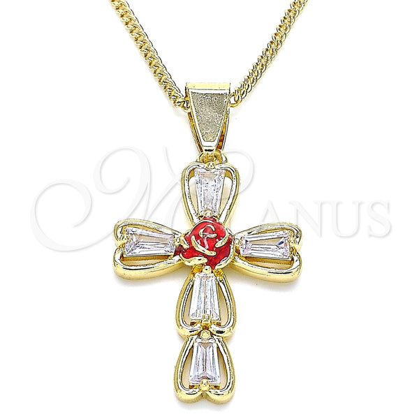 Collares con Dije 04.380.0013.20 Oro Laminado, Diseño de Cruz y Flor, con Blanca Zirconia Cubica, Esmaltado Rojo, Tono Dorado (02 MM Thickness, 20 Inches Length)