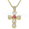 Collares con Dije 04.380.0013.20 Oro Laminado, Diseño de Cruz y Flor, con Blanca Zirconia Cubica, Esmaltado Rojo, Tono Dorado (02 MM Thickness, 20 Inches Length)