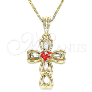 Collares con Dije 04.380.0014.20 Oro Laminado, Diseño de Cruz y Flor, con Blanca Cristal, Esmaltado Rojo, Tono Dorado (02 MM Thickness, 20 Inches Length)