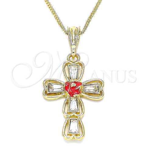 Collares con Dije 04.380.0014.20 Oro Laminado, Diseño de Cruz y Flor, con Blanca Cristal, Esmaltado Rojo, Tono Dorado (02 MM Thickness, 20 Inches Length)