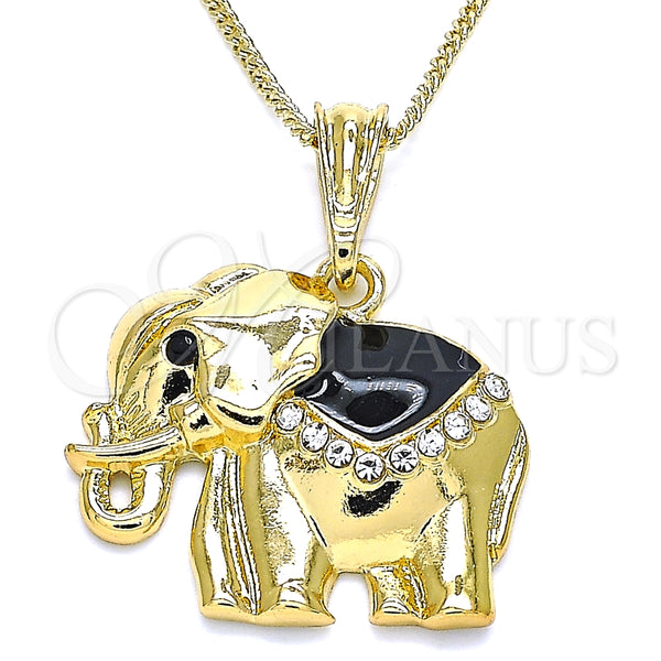 Collares con Dije 04.380.0025.20 Oro Laminado, Diseño de Elefante, con Blanca and Negro Cristal, Esmaltado Negro, Tono Dorado (02 MM Thickness, 20 Inches Length)