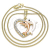 Collares con Dije 04.380.0029.20 Oro Laminado, Diseño de Corazón y Delfín, con Blanca and Negro Cristal, Pulido, Tres Tonos (02 MM Thickness, 20 Inches Length)