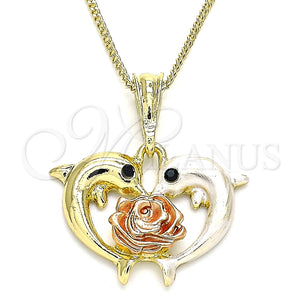 Collares con Dije 04.380.0030.20 Oro Laminado, Diseño de Delfín y Flor, con Negro Cristal, Pulido, Tres Tonos (02 MM Thickness, 20 Inches Length)