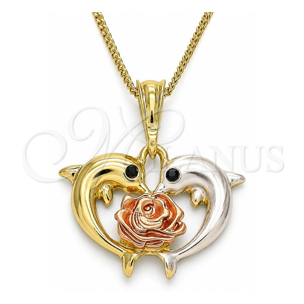 Collares con Dije 04.380.0030.20 Oro Laminado, Diseño de Delfín y Flor, con Cristal Negro, Pulido, Tres Tonos (Grosor 02 MM, 20 Pulgadas de Largo)