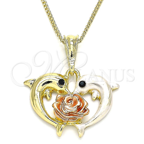 Collares con Dije 04.380.0030.20 Oro Laminado, Diseño de Delfín y Flor, con Negro Cristal, Pulido, Tres Tonos (02 MM Thickness, 20 Inches Length)