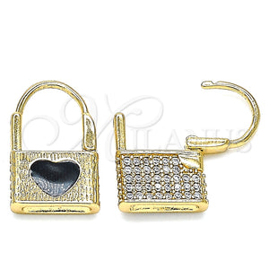 Argolla Huggie 02.213.0210.10 Oro Laminado, Diseño de Candado y Corazón, con Blanca Micro Pave, Esmaltado Negro, Tono Dorado