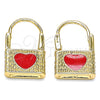 Argolla Huggie 02.213.0210.1.10 Oro Laminado, Diseño de Candado y Corazón, con Blanca Micro Pave, Esmaltado Rojo, Tono Dorado