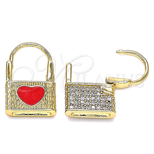 Argolla Huggie 02.213.0210.1.10 Oro Laminado, Diseño de Candado y Corazón, con Blanca Micro Pave, Esmaltado Rojo, Tono Dorado