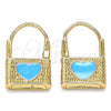 Argolla Huggie 02.213.0210.2.10 Oro Laminado, Diseño de Candado y Corazón, con Blanca Micro Pave, Esmaltado Azul, Tono Dorado
