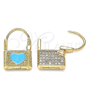 Argolla Huggie 02.213.0210.2.10 Oro Laminado, Diseño de Candado y Corazón, con Blanca Micro Pave, Esmaltado Azul, Tono Dorado
