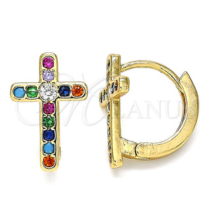 Argolla Huggie 02.210.0450.1.15 Oro Laminado, Diseño de Cruz, con Multicolor Zirconia Cubica, Pulido, Tono Dorado