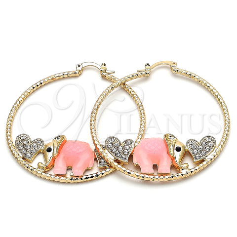 Argolla Grande 02.380.0051.3.50 Oro Laminado, Diseño de Elefante y Corazón, con Blanca and Negro Cristal, Resinado Rosado, Tono Dorado