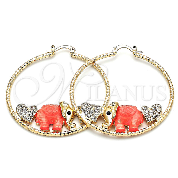 Argolla Grande 02.380.0051.4.50 Oro Laminado, Diseño de Elefante y Corazón, con Blanca and Negro Cristal, Resinado Rosado Oscuro, Tono Dorado