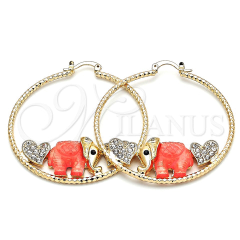 Argolla Grande 02.380.0051.4.50 Oro Laminado, Diseño de Elefante y Corazón, con Blanca and Negro Cristal, Resinado Rosado Oscuro, Tono Dorado