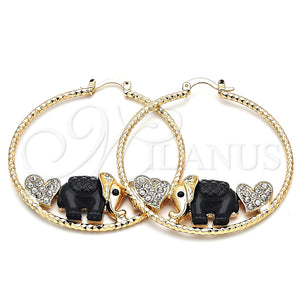 Argolla Grande 02.380.0051.5.50 Oro Laminado, Diseño de Elefante y Corazón, con Blanca and Negro Cristal, Resinado Negro, Tono Dorado
