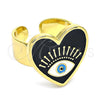 Anillo Elegante 01.313.0002 Oro Laminado, Diseño de Ojo Griego y Corazón, Esmaltado Negro, Tono Dorado (One size fits all)