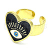 Anillo Elegante 01.313.0002 Oro Laminado, Diseño de Ojo Griego y Corazón, Esmaltado Negro, Tono Dorado (One size fits all)