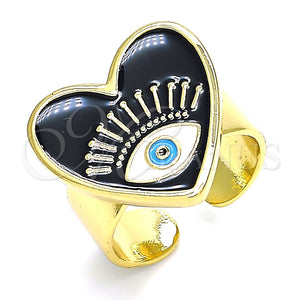 Anillo Elegante 01.313.0002 Oro Laminado, Diseño de Ojo Griego y Corazón, Esmaltado Negro, Tono Dorado (One size fits all)