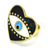 Anillo Elegante 01.313.0008.1 Oro Laminado, Diseño de Ojo Griego y Corazón, Esmaltado Negro, Tono Dorado (One size fits all)