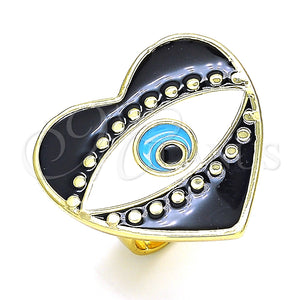 Anillo Elegante 01.313.0008.1 Oro Laminado, Diseño de Ojo Griego y Corazón, Esmaltado Negro, Tono Dorado (One size fits all)