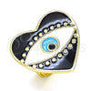 Anillo Elegante 01.313.0008.1 Oro Laminado, Diseño de Ojo Griego y Corazón, Esmaltado Negro, Tono Dorado (One size fits all)