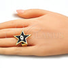 Anillo Elegante 01.313.0009.1 Oro Laminado, Diseño de Ojo Griego y Estrella, Esmaltado Negro, Tono Dorado (One size fits all)