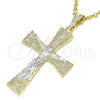 Dije Religioso 05.351.0028.1 Oro Laminado, Diseño de Crucifijo y Llave Griega, Pulido, Tres Tonos