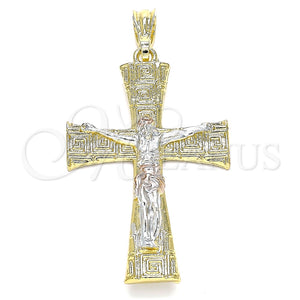 Dije Religioso 05.351.0028.1 Oro Laminado, Diseño de Crucifijo y Llave Griega, Pulido, Tres Tonos