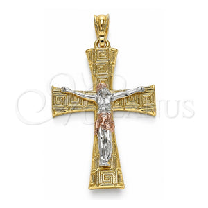 Dije Religioso 05.351.0028.1 Oro Laminado, Diseño de Crucifijo y Llave Griega, Pulido, Tres Tonos
