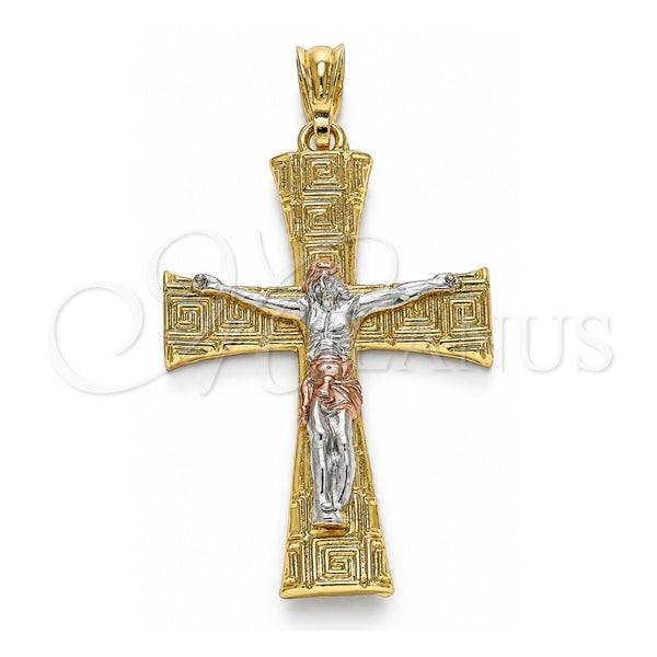 Dije Religioso 05.351.0028.1 Oro Laminado, Diseño de Crucifijo y Llave Griega, Pulido, Tres Tonos