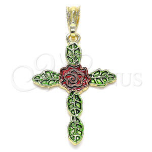 Dije Religioso 05.351.0162 Oro Laminado, Diseño de Cruz y Flor, Pulido, Tres Tonos