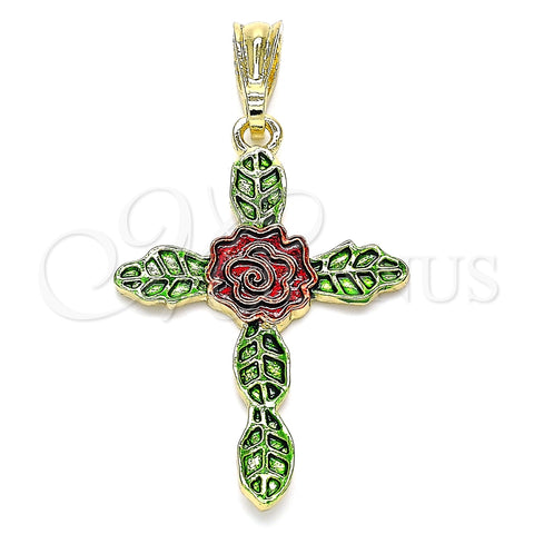Dije Religioso 05.351.0162 Oro Laminado, Diseño de Cruz y Flor, Pulido, Tres Tonos